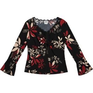 Clio Vintage Y2K Whimsygoth Floral V-Neck Bell Sleeve Top Black Red L USA 90's